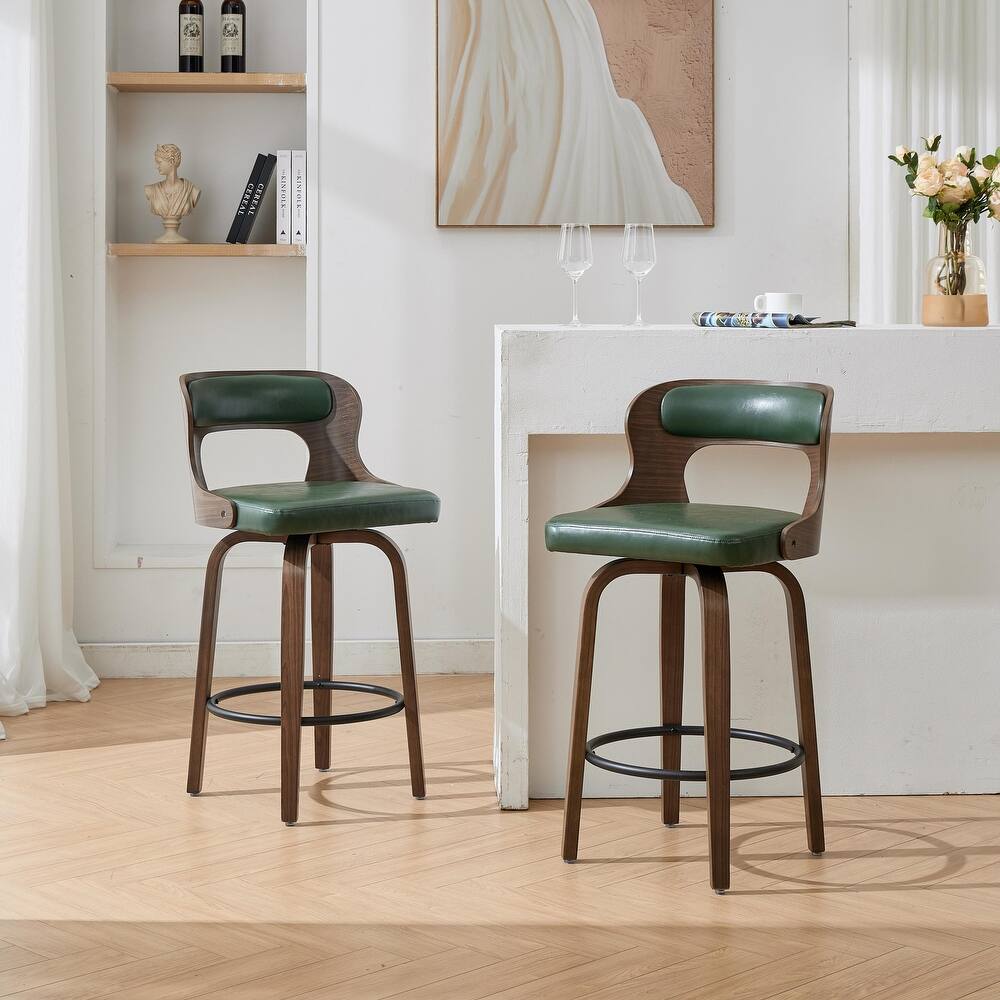 SEYNAR PU Leather 360 Degree Swivel Open Back Bar Stools Wood Legs Set of 2