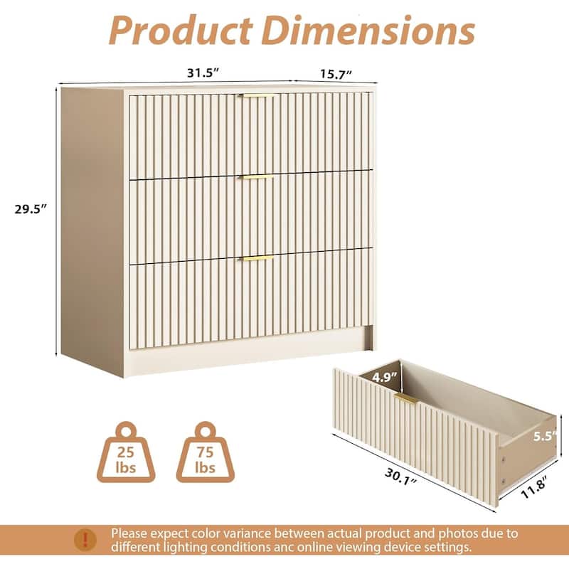 3 Drawer Fluted Dresser, 32 Inch Wide Nightstand with Large Drawer End Table for Bedroom