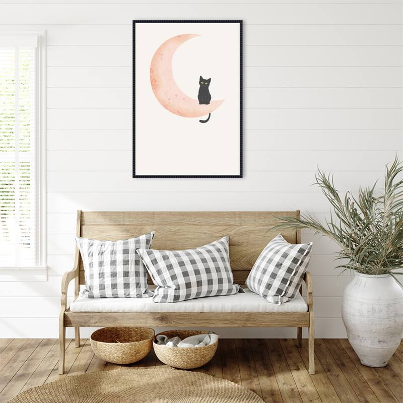 Cat Crescent Moon by Melloi Art Prints Framed Canvas Wall Art