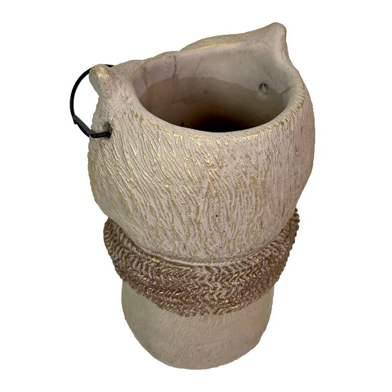 Bespectacled Owl Cement Vase 8.25" Gold Accents Knit Scarf Real Wire