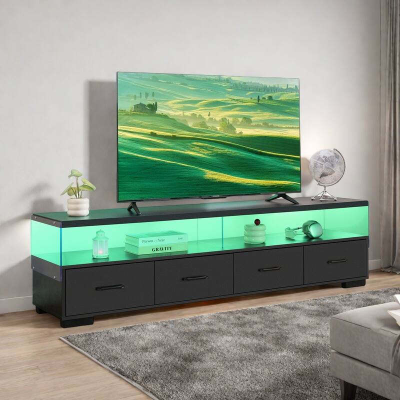 71"Modern Acrylic TV Stand with 4 Drawers and 2 Open Shelves - Sleek Media Console for Living Room - Black
