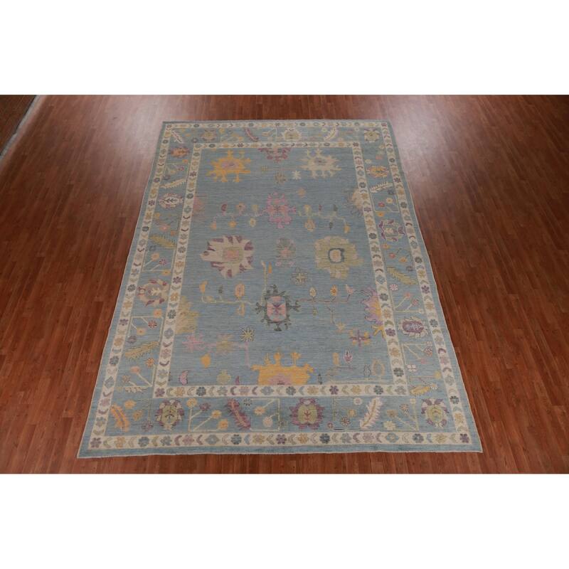Hand Knotted Oriental 100% Wool Carpet Transitional All-Over Navy Blue & Blues Oushak Area Rug - 12' 9'' X 9' 1''