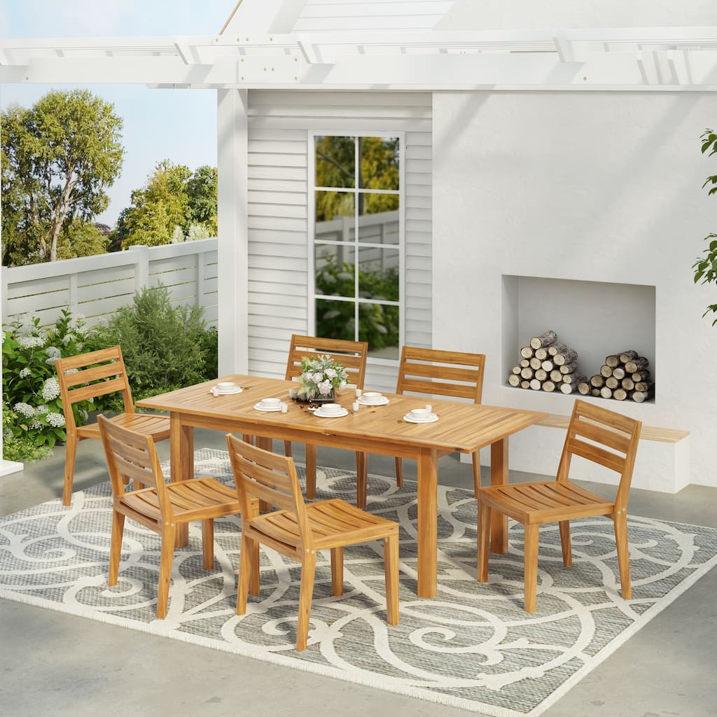 Christopher Knight Home - Hampton 7-Piece Outdoor Acacia Wood Expandable Dining Set with Umbrella Hole