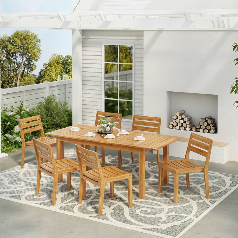 Christopher Knight Home - Hampton 7-Piece Outdoor Acacia Wood Expandable Dining Set with Umbrella Hole - Teak Finish