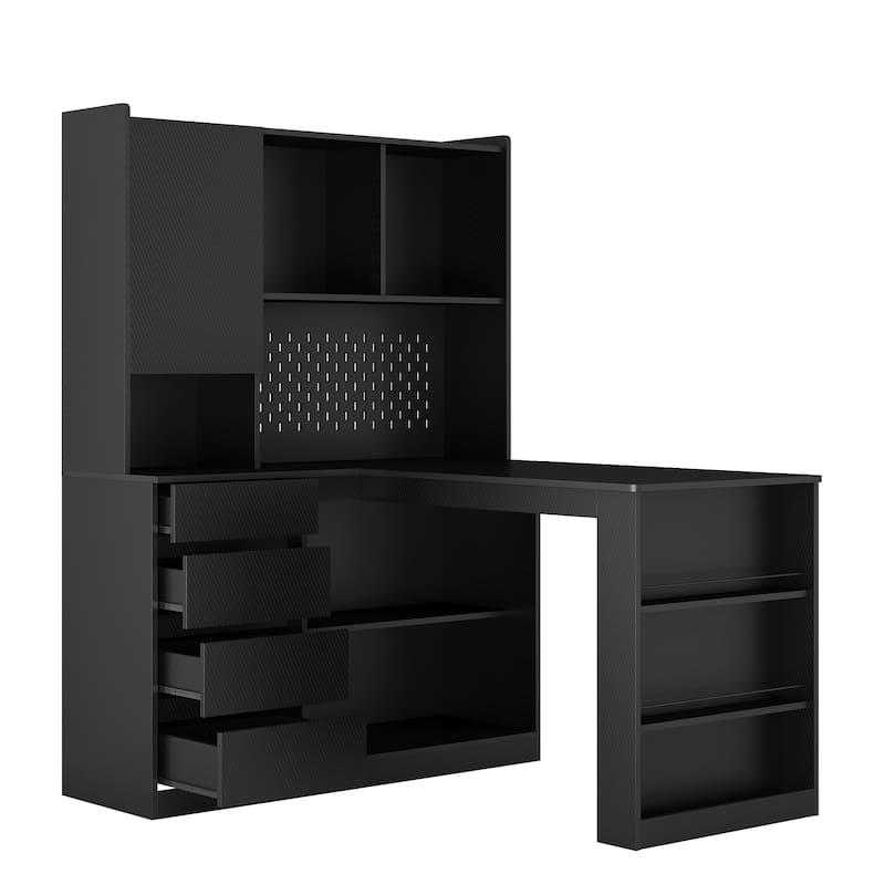 L-Shaped Corner Storage Desk with LED Light, Modern Home Office Computer Table Gaming Desk with Drawers and Bookshelf