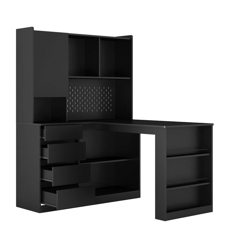 L Shaped Desk Corner Computer Desk Office Desk Study Table Writing Desk Gaming Computer Desk wCharger LED Drawers Bookshelf