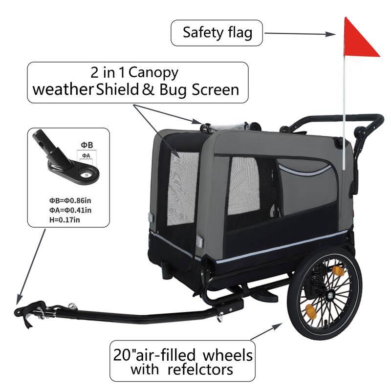 2-In-1 Bike Trailer & Push Cart For Pets-All-Terrain Wheels,Quick Release Wheel,Internal Leash,Holds Pets Up To 88 Lbs