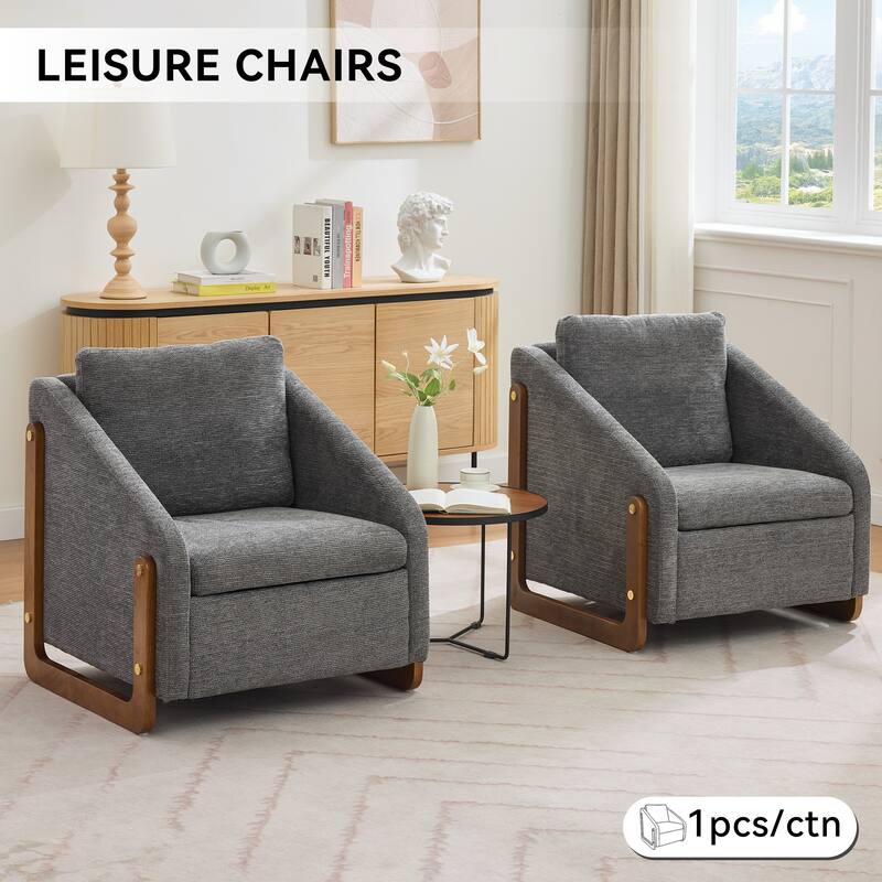 Modern Chenille Upholstered Armchair with Wooden Side Frame, Single Accent Leisure Chair with Backrest for Living Room, Bedroom