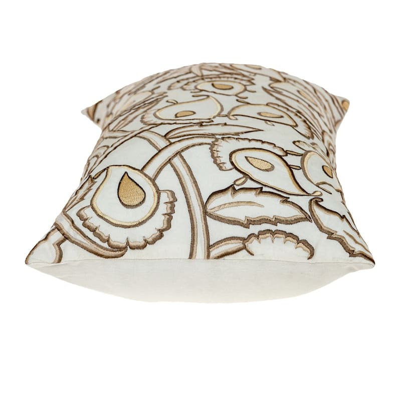 14" X 24" Brown and White Cotton Lumbar Throw Pillow with Embroidery