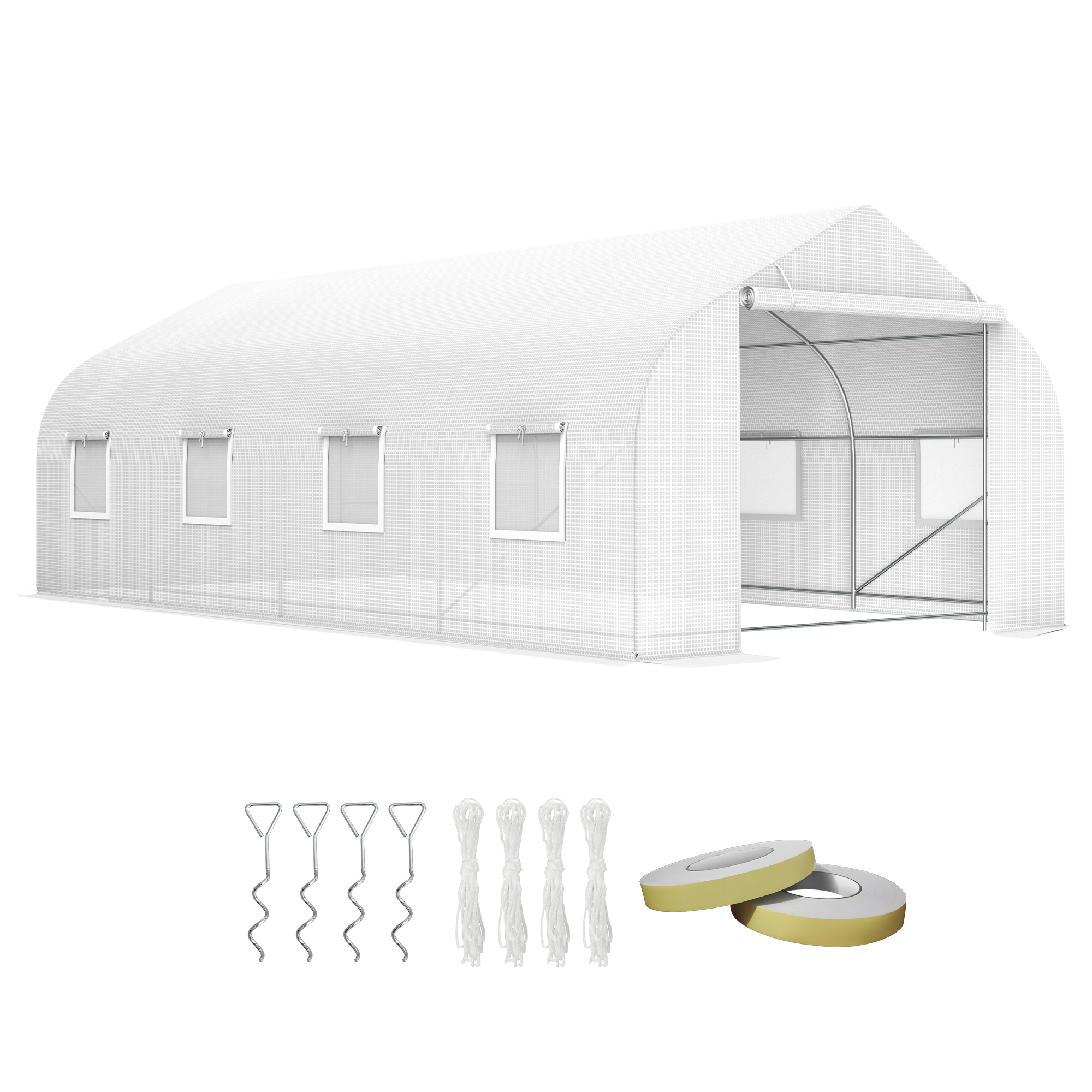Outsunny 20’ x 10’ x 7’ High Tunnel Walk-In Garden Greenhouse Kit with Plastic Cover & Roll-up Entrance - White