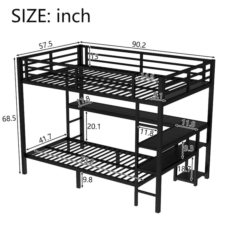 GDFStudio - Bunk Bed with Desk and Shelves, Multiple Placement, with LED and USB