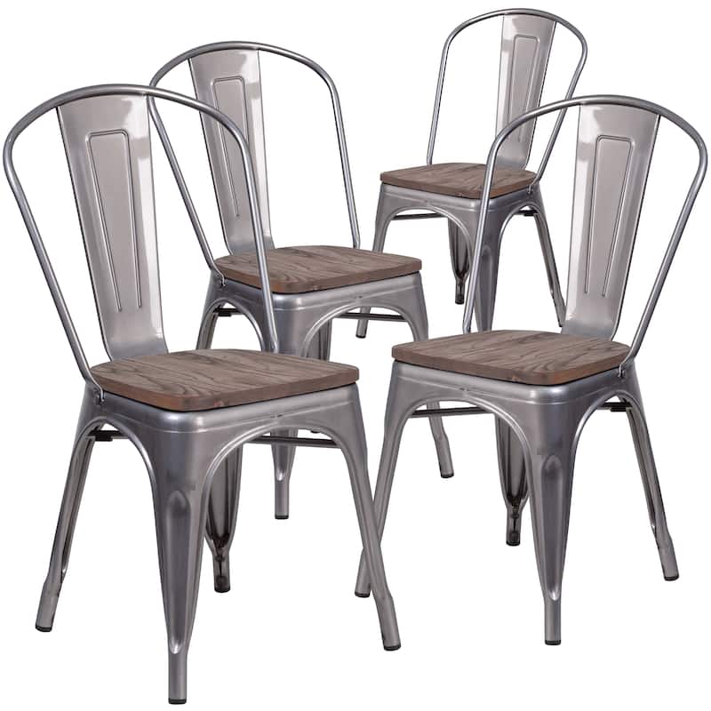 4 Pack Clear Coated Metal Stackable Chair with Wood Seat - 17.75"W x 21"D x 33.5"H - Set of 4 - Clear Coated - Short