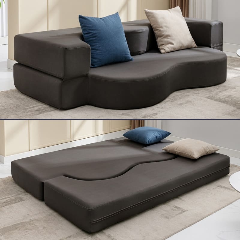 Mixoy Convertible Futon Sofa Bed, Foldable, Foam Folding Mattress Sleeper, Cloth Fabrics Floor Couch Lounge Sleeper Bed - 74.8in*53.94in*8.66in - Dark Grey