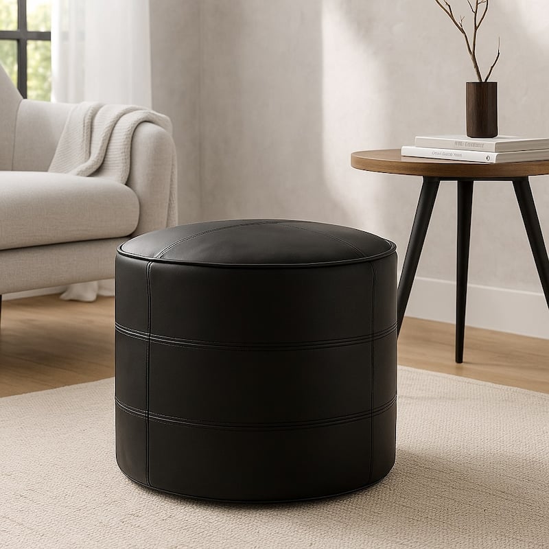 CO-Z 18'' Modern Boho Genuine Leather Pouf Ottoman - Round - Black