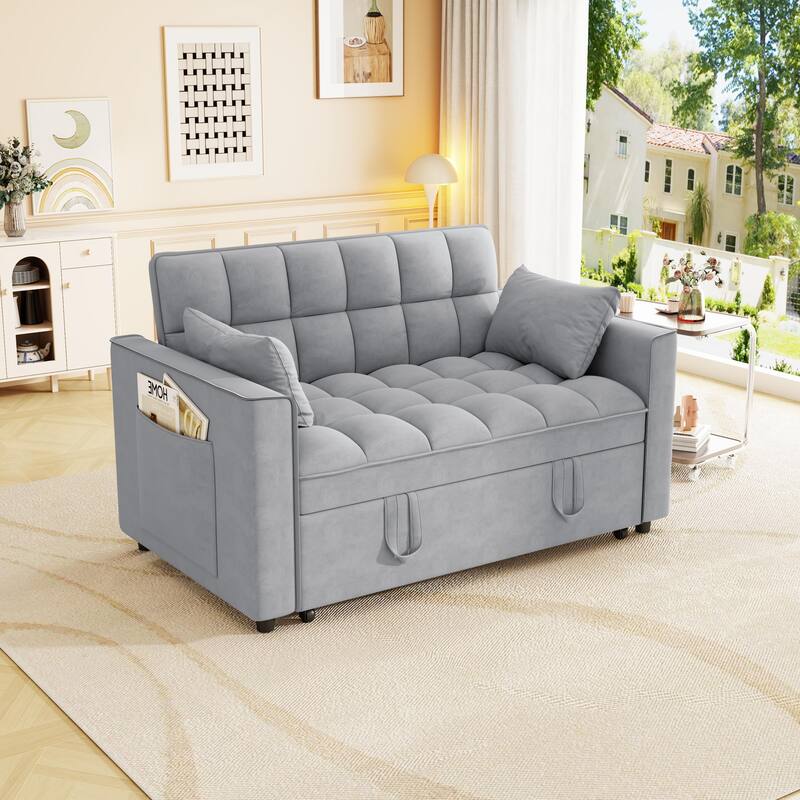 Anmytek Modern Velvet Small Loveseat Pull Out Sleeper Sofa Bed with Pillows and Side Pockets