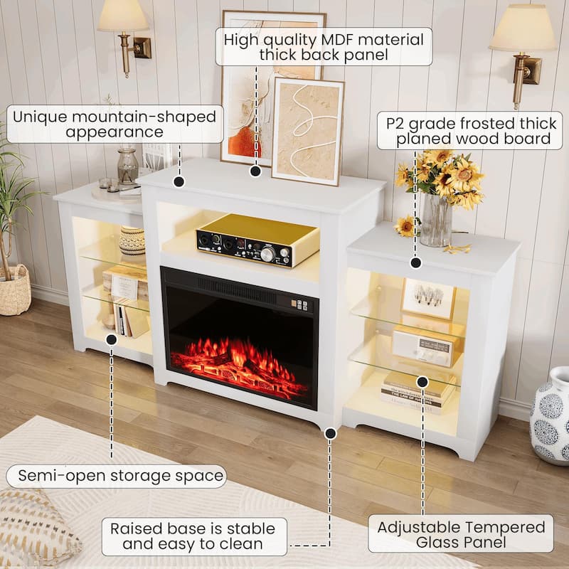 32" H Fireplace TV Stand, 55/70 Inch Media Console for TVs up to 80", Remote, Storage & LED Lights