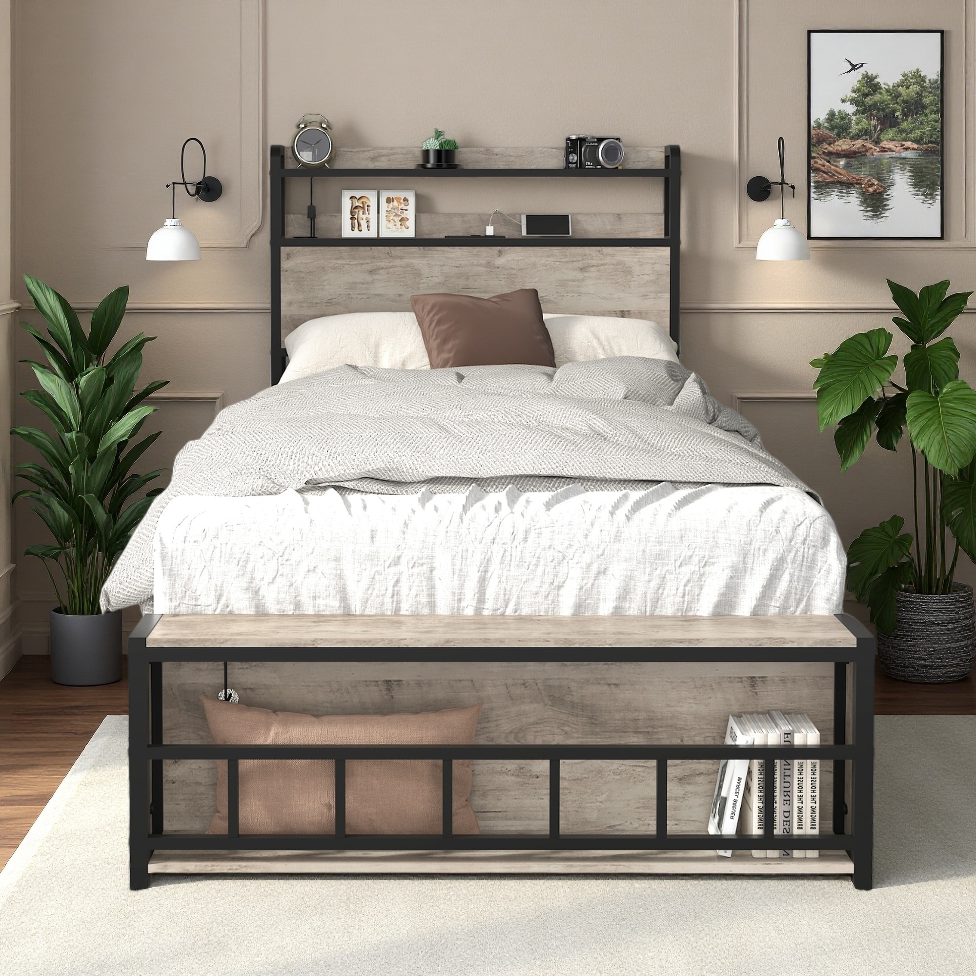 Twin Size Metal Princess Platform Bed Frame with LED Headboard, Charging Station, and Storage