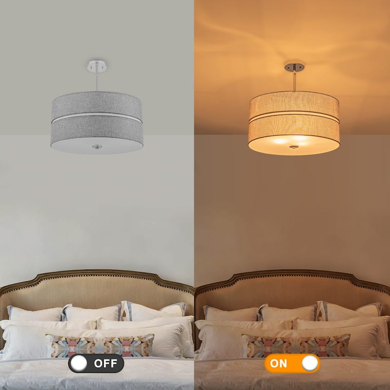 3-Light Chrome Drum Convertible Pendant or Flush Mount Light Fixture - Dia.19.69-in