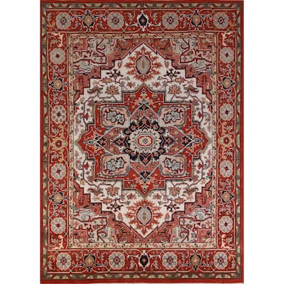 Hand Knotted Oriental 100% Wool Carpet Traditional Medallion Beige & Ivories Heriz (serapi) Area Rug - 10' 3'' X 7' 8''