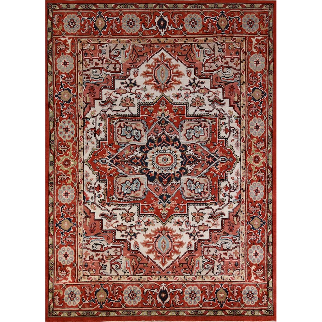 Hand Knotted Oriental 100% Wool Carpet Traditional Medallion Beige & Ivories Heriz (serapi) Area Rug - 10' 3'' X 7' 8''