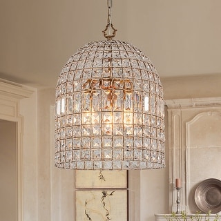 Vintage Glam Crystal Bird Cage Lantern Chandelier - Distressed Brass
