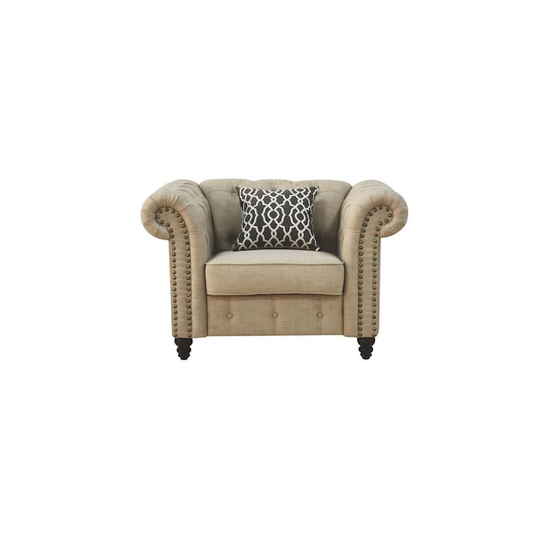 Transitional 29" Linen Upholstered Button Tufting Chair with Wooden Turned-Bun Legs amd Nailheads