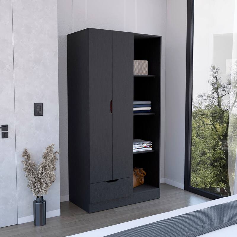 35.4" Modern Double-door Armoire with 4-Tier Storage Shelves and 1 Drawer - Black