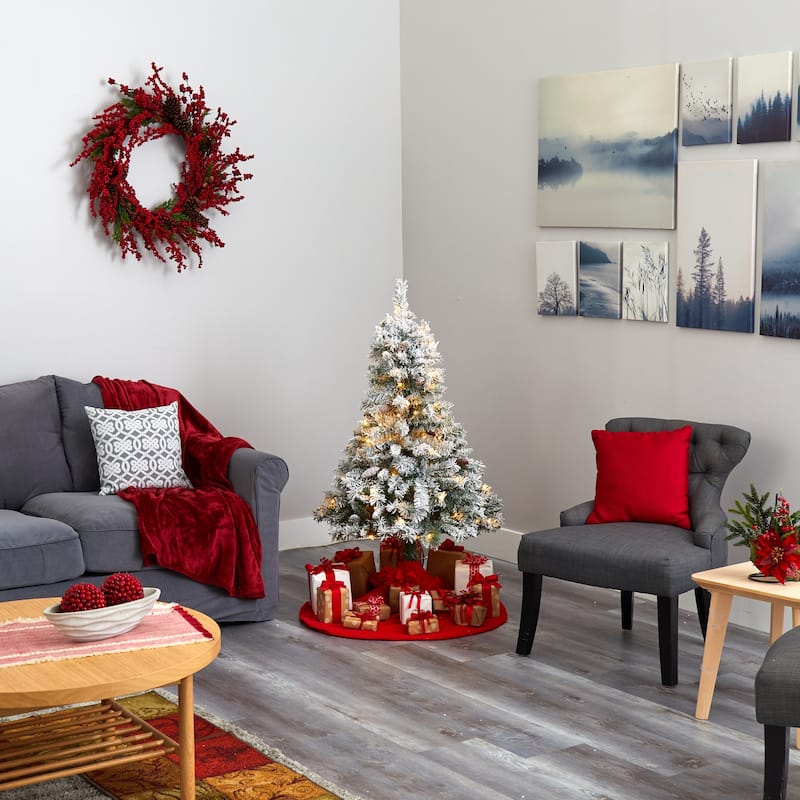 4ft. Flocked Pine Artificial Christmas Tree with Pinecones & 100 Clear LED Lights - Charming Winter Holiday X-Mas Tree