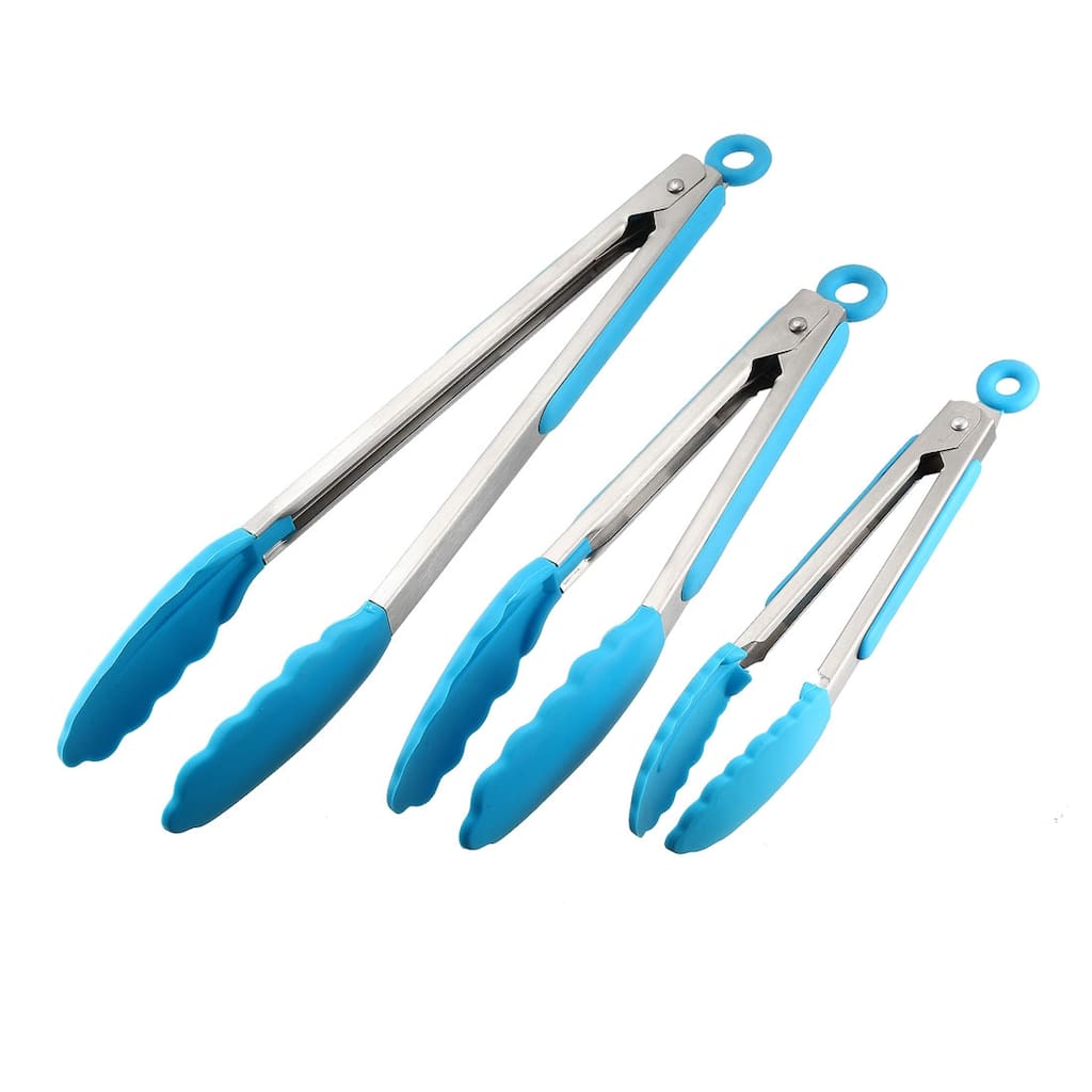 Kitchen Tongs Stainless Steel Locking Tong Set of 3 7-inch 9-inch 12-inch Blue
