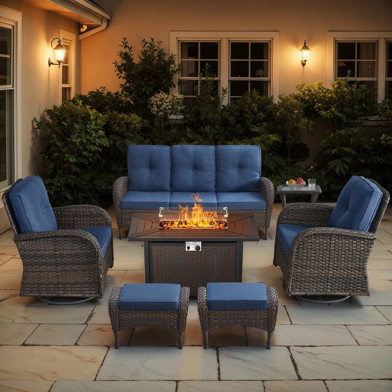 Gymojoy 7-Piece Outdoor Wicker Set with Fire Pit, 3-Seater Sofa, Swivel Chairs & Ottomans - Brown Wicker / Blue Cusion - 7-Piece