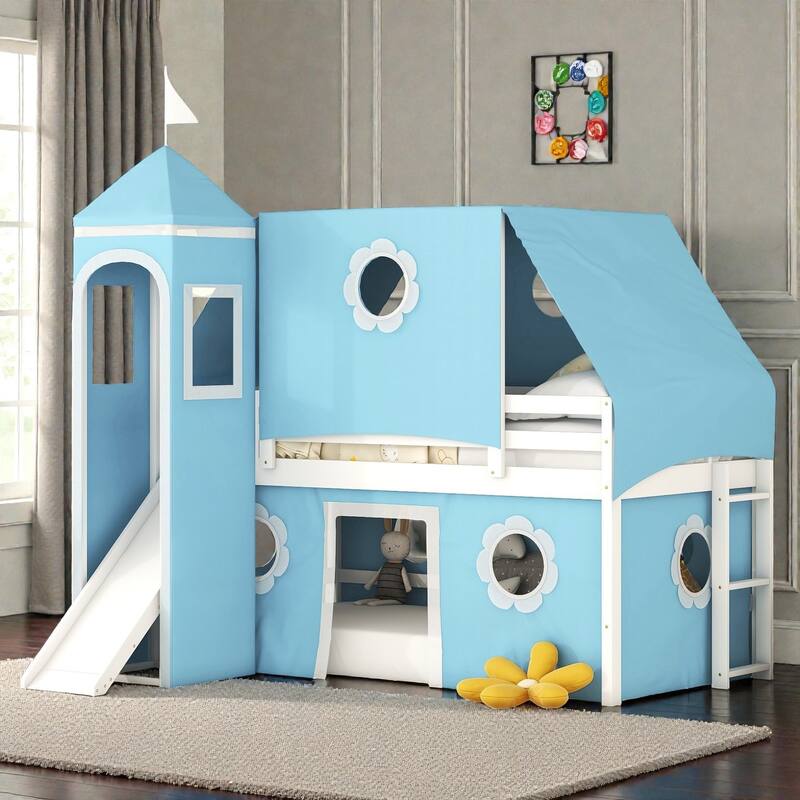 Kids Loft Bed with Slide, Tent and Tower, Solid Wood Castle Playhouse Loft - Blue - Twin
