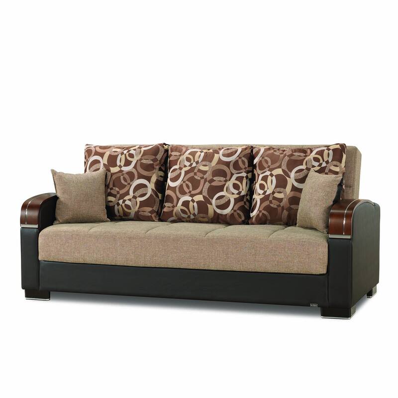 HomeRoots 87" Brown Polyester Convertible Futon Sleeper Sofa And Toss Pillows With Storage