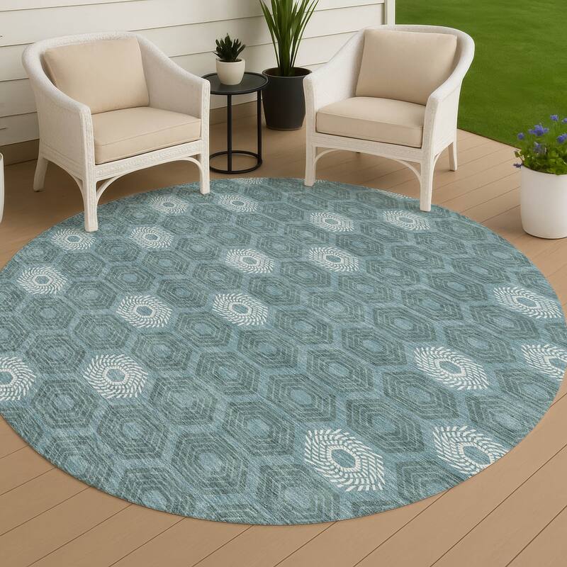 Machine Washable Indoor/ Outdoor Modern Hugoton Chantille Rug - Teal - 8' x 8'