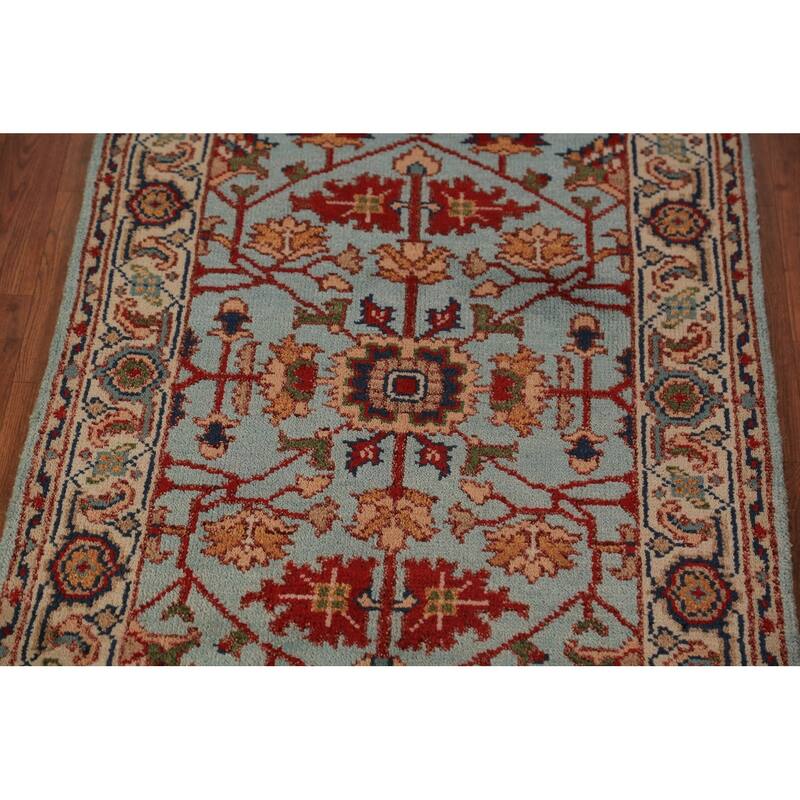 Light Blue Floral Oushak Indian Foyer Rug Handmade Wool Carpet - 2'11"x 5'1"