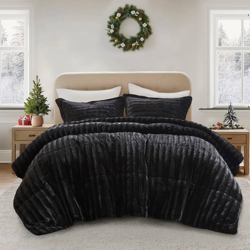 Madison Park York Faux Fur Comforter Mini Set - Black - Queen