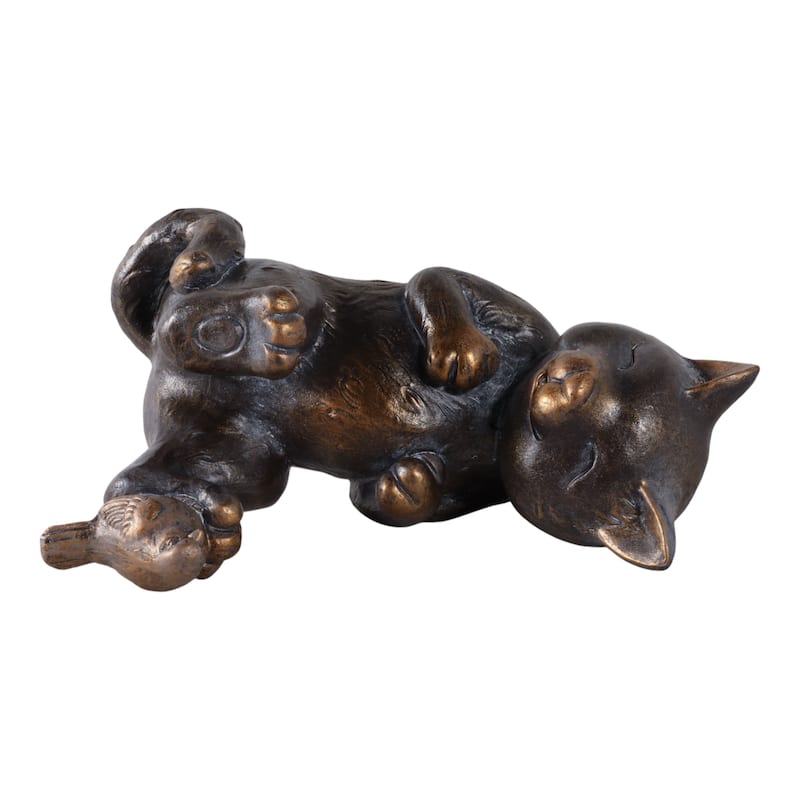 Polyresin Garden Statuary Playful Cat with Bird - 9" Metallic