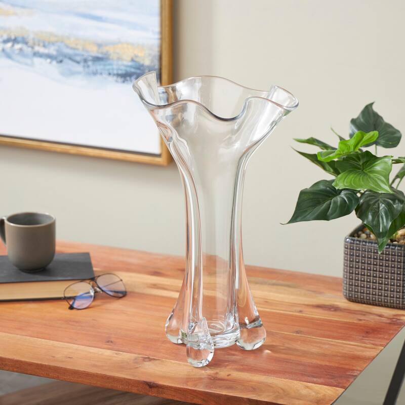 Clear Glass Fluted Tulip Abstract Vase - Clear - 10"W, 19"H
