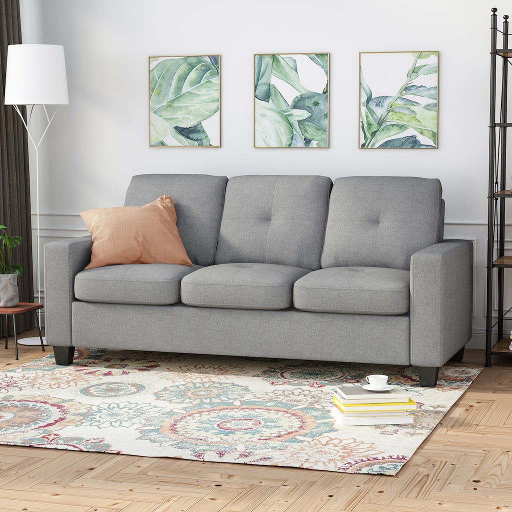 Three-Seater Grey Fabric Sofa with Wood Legs