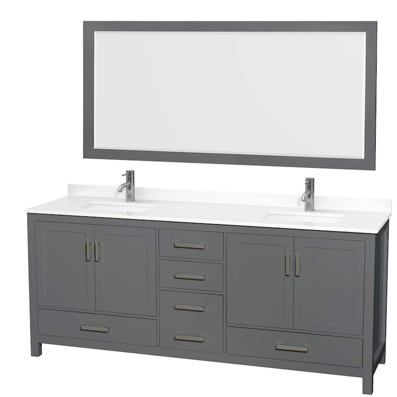 Sheffield 80-inch Double Vanity, Single Hole Quartz Top,70-inch Mirror - Dark Gray, Chrome Trim, White Quartz Top