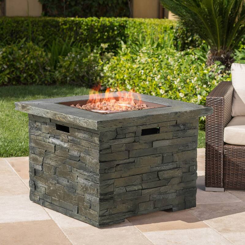 33 in. W x 33 in. D x 24.5 in. H Square Propane Burning Outdoor Fire Pit in Gray - stone grey - Propane