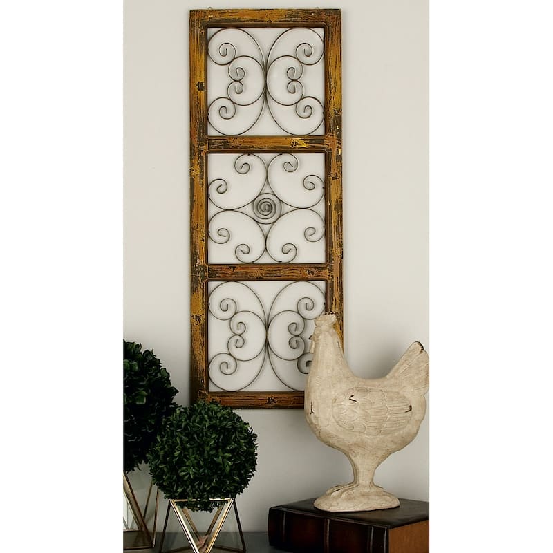 Brown Wood Distressed Panel Scroll Home Wall Decor with Bronze Metal Scrollwork - Brown