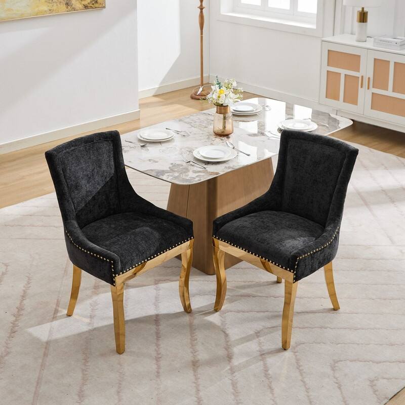 Luxe Curved Accent Dining Chairs with Gold-Plated Legs & Textured Chenille Upholstery, Set of 2