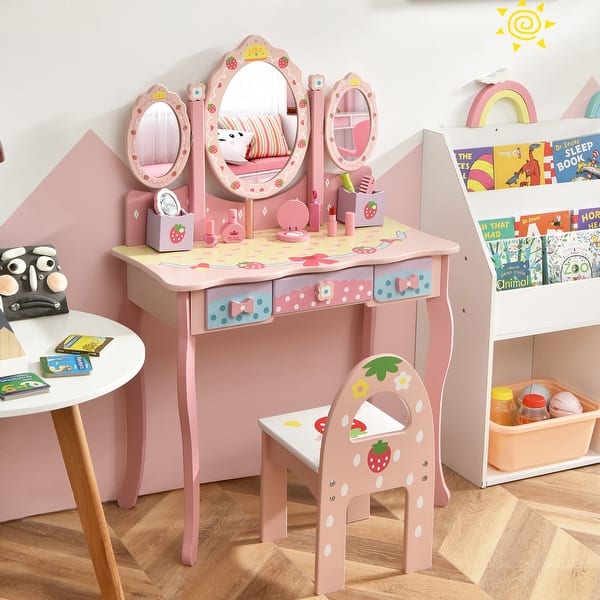 slide 2 of 7, 2 in 1 Kids Vanity Set with Mirror Princess Makeup Dressing Table