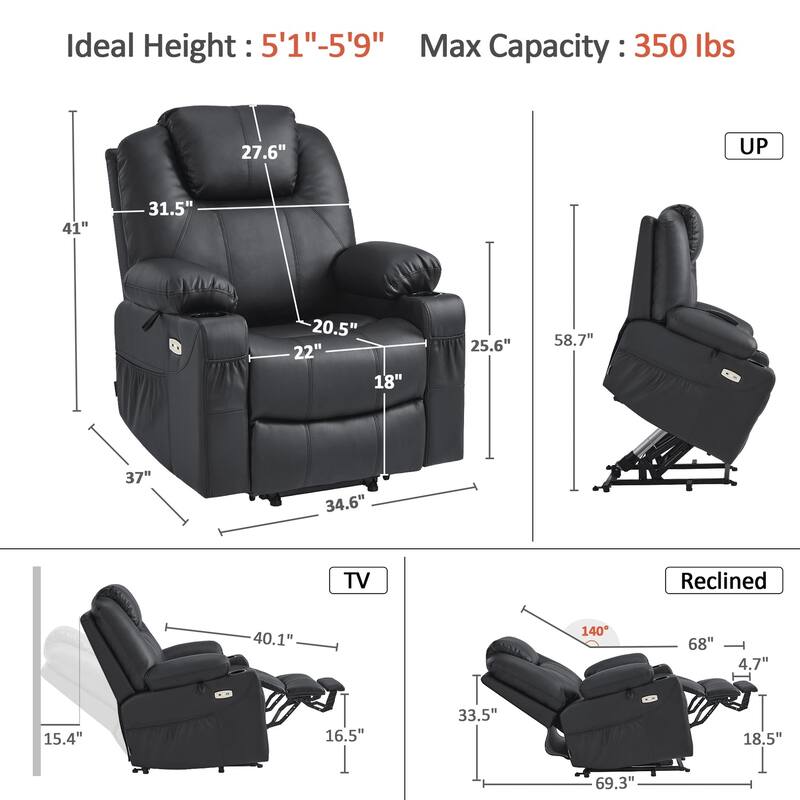 MCombo Electric Power Lift Recliner Chair Sofa with Massage and Heat, 3 Positions, USB Ports, Faux Leather 7040