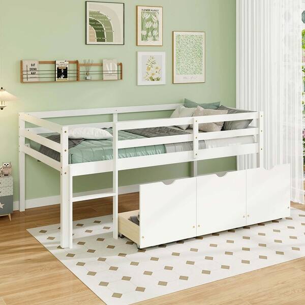 slide 2 of 7, Wood Platform Bed Frame Twin Low Loft Bed w/Storage Drawers