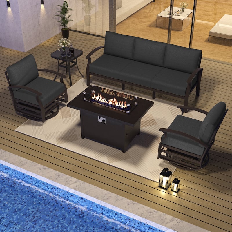Aluminum Patio Outdoor Sectional Sofa Set with Fire Pit, Swivel Rocking Chairs and Ottomans