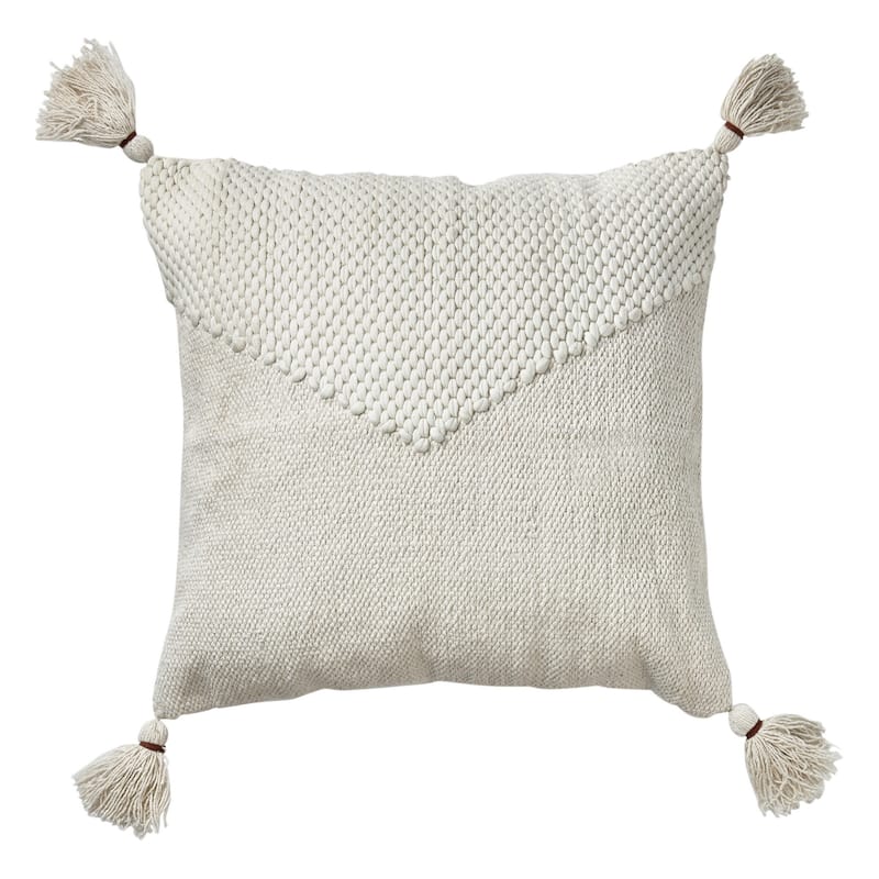 20"x20" Cottage Handwoven Cotton with Tassels Accent Decorative Throw Pillow Poly Filled Removable Insert Square able White