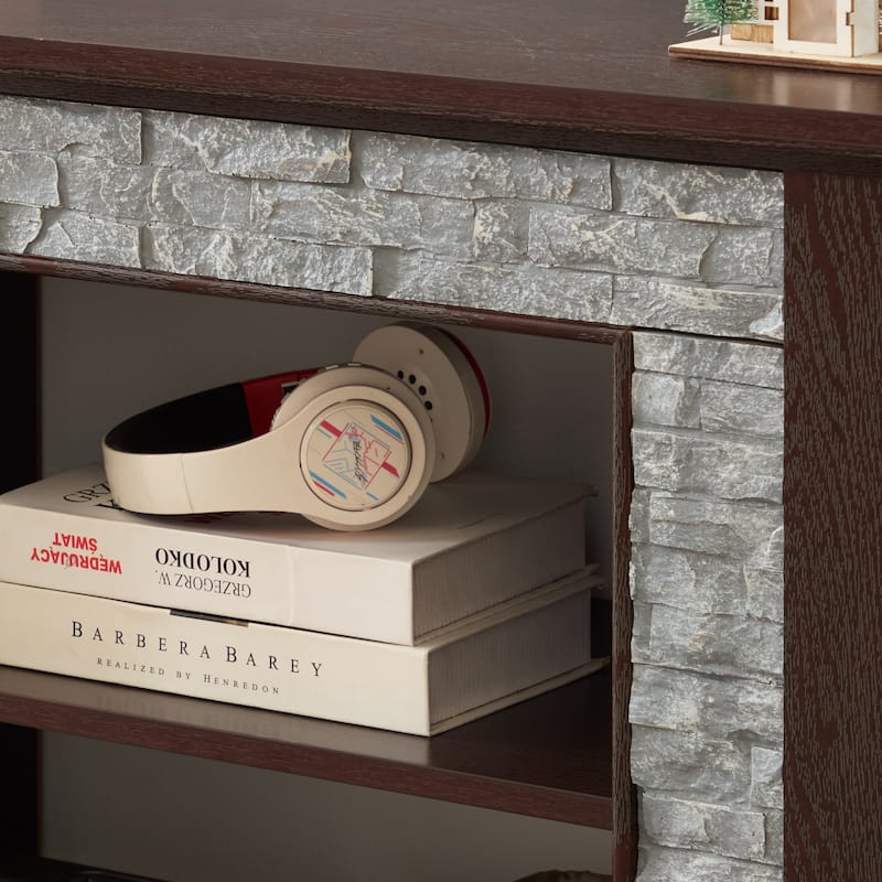 58" Modern TV Stand with 2-Door Storage, Faux Stone Media Console Cabinet, Cherry Large Entertainment Center for Living Room