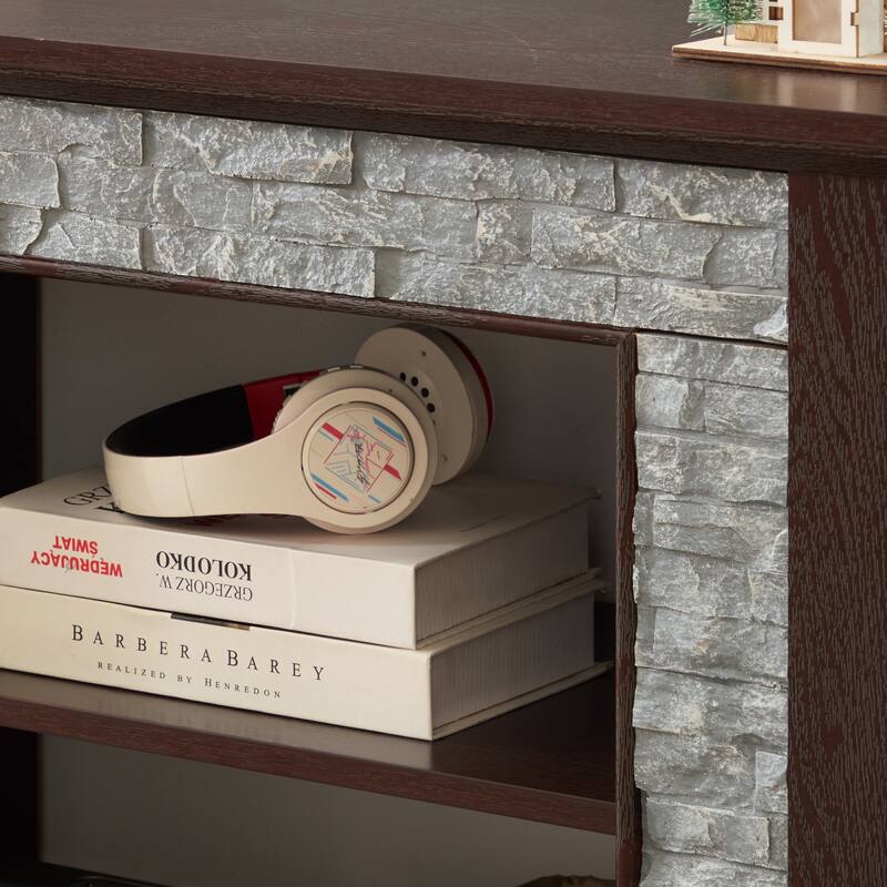 Modern TV Stand, Faux Stone Media Console Cabinet, Entertainment Center with 2-Door Storage, for Living Room, Cherry