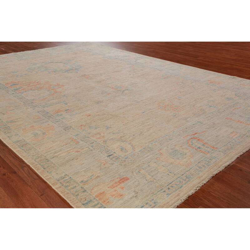 Hand Knotted Oriental 100% Wool Carpet Transitional All-Over Peach Oushak Area Rug - 9' 0'' X 6' 3''